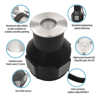 Luce sotterranea IP67 a bassa tensione 1W 3W 3000K DC24v Forma rotonda quadrata con copertura anteriore in acciaio inossidabile