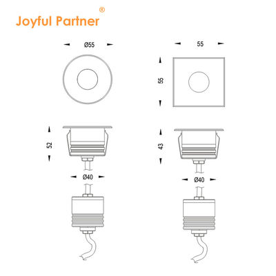 Luce sotterranea IP67 a bassa tensione 1W 3W 3000K DC24v Forma rotonda quadrata con copertura anteriore in acciaio inossidabile