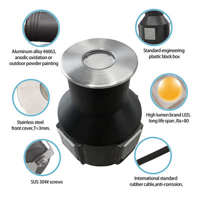 Faretto da incasso rotondo per pavimento 3W IP67, copertura frontale in acciaio inossidabile 316, DIA55MM, DC24V