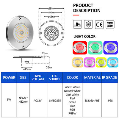 RGB Ultra Slim IP68 Illuminazione piscina LED SS316 alloggiamento tipo integrato SMD2835 6W