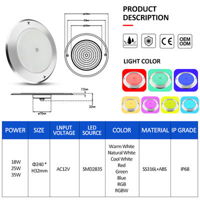 Lampade di piscina a LED subacquee 316 in acciaio inossidabile 25W Smd2835 Riempito di resina Rgb 3000K