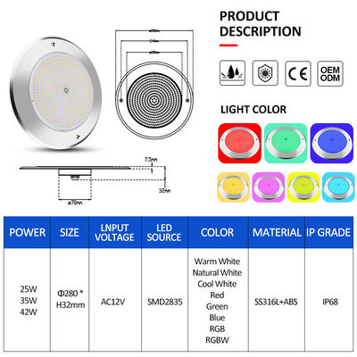 Lampade da piscina a LED subacquee 316 in acciaio inossidabile 25W Smd2835 Resina Riempita 3000K RGB Lampada da piscina SMD 2835 AC 12v IP68 Full Waterproof