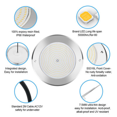 Lampade da piscina a LED subacquee 316 in acciaio inossidabile 25W Smd2835 Resina Riempita 3000K RGB Lampada da piscina SMD 2835 AC 12v IP68 Full Waterproof