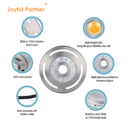 Faretto per fontana LED subacqueo IP68 12W 24W 36W Bianco caldo Blu RGB Acciaio inossidabile 316L con diametro 285mm