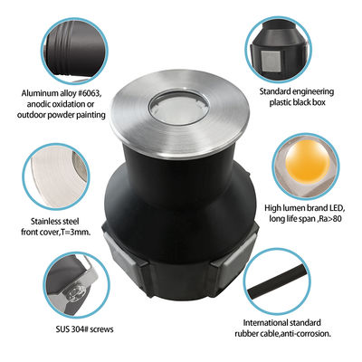 Luce sotterranea IP67 a bassa tensione 1W 3W 3000K DC24v Forma rotonda quadrata con copertura anteriore in acciaio inossidabile