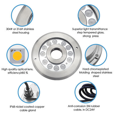 Faretto LED per fontana DMX 512 a incasso IP68 12W 24W RGB in acciaio inossidabile per getto d'acqua