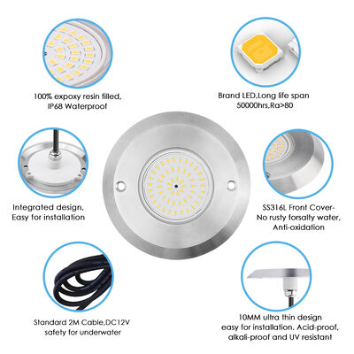 Faretto LED PAR56 LED per piscina 6W SMD2835 Dimensioni 110*34MM 20pz/CTN DC12V Acciaio inossidabile 316 Con ABS